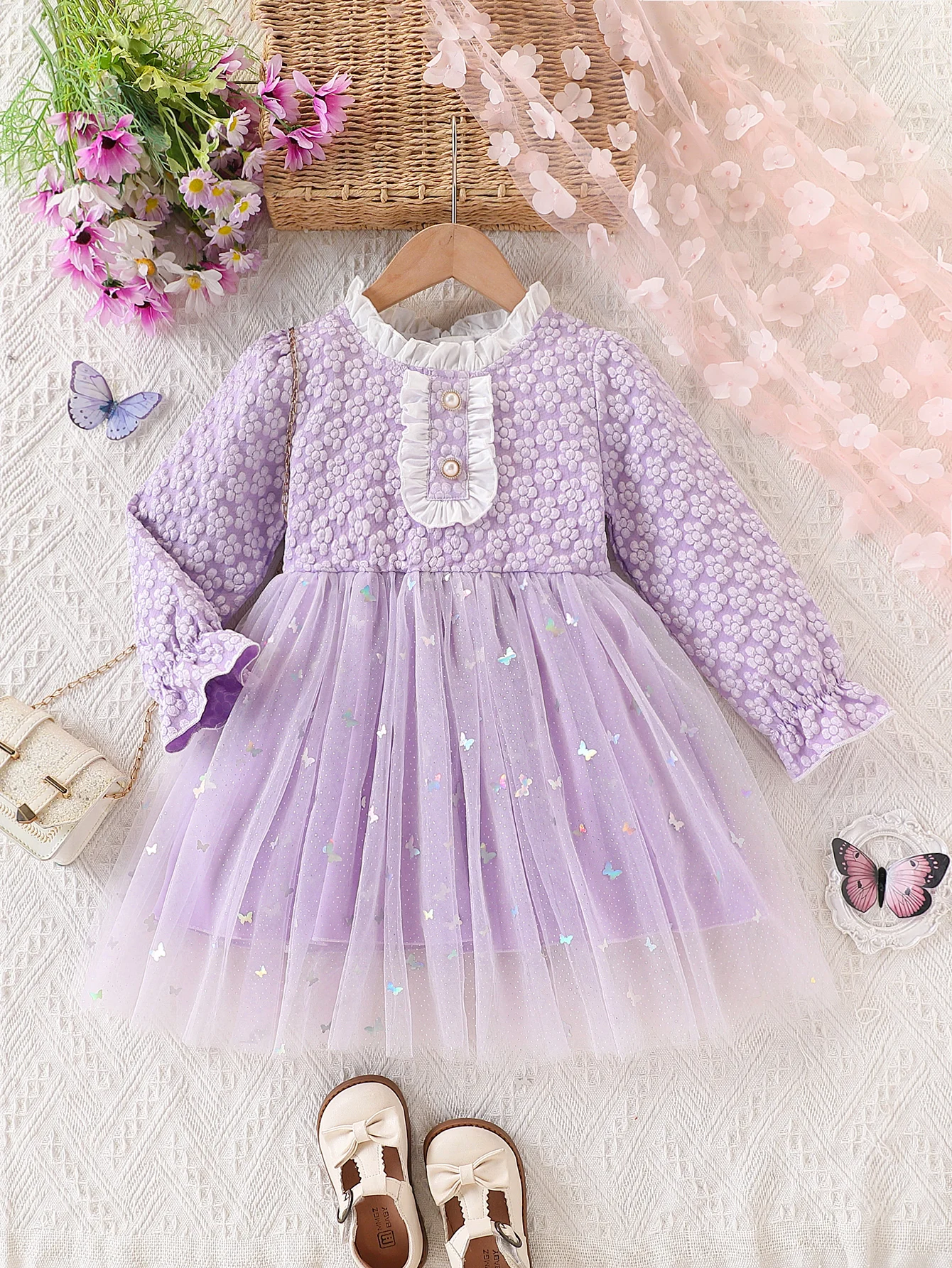 Girls' Spring and Autumn Dress, Sweet and Stylish Purple Jacquard Fabric, Long-Sleeved Mesh Patchwork Knee-Length Dress, Little Girl's Autumn Party Princess Dress