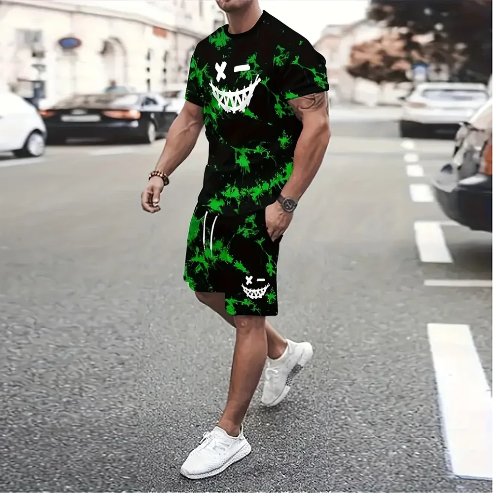 New Men\'s Short-Sleeved T-Shirt Shorts 2-Piece Set Smiling Face Printed Fashion Crew Neck Pullover Top And Drawstring Shorts Set