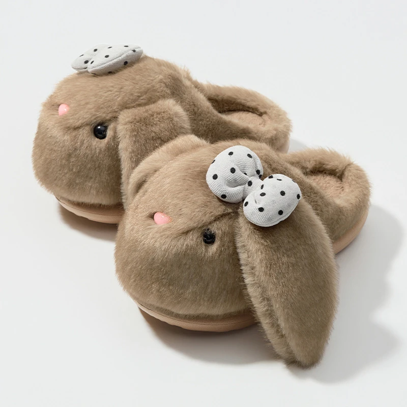 Kawaii Long Ear Bunny Plush Slippers Women's Polka Dot Bow Accent Fluffy Slides Home Shoes Woman Warm Soft Winter Slippers Adult