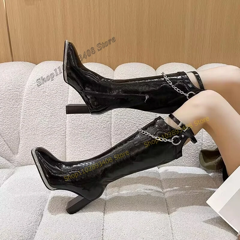 

Black Metal Chain Mid Calf Boots Chunky Heel Patent Leather Solid Side Zipper Women Shoes 2023 Fashion Sexy Zapatos Para Mujere