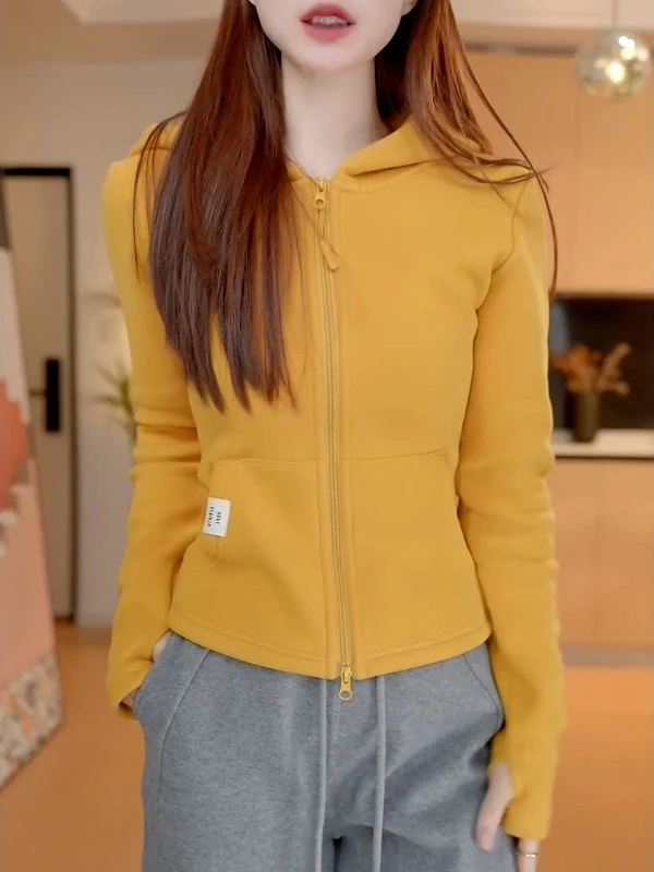 

Женская толстовка Slim Fit больших размеров, модная, простая, весенняя, для отдыха и спорта, из вельвета, корейская версия, с длинными рукавами