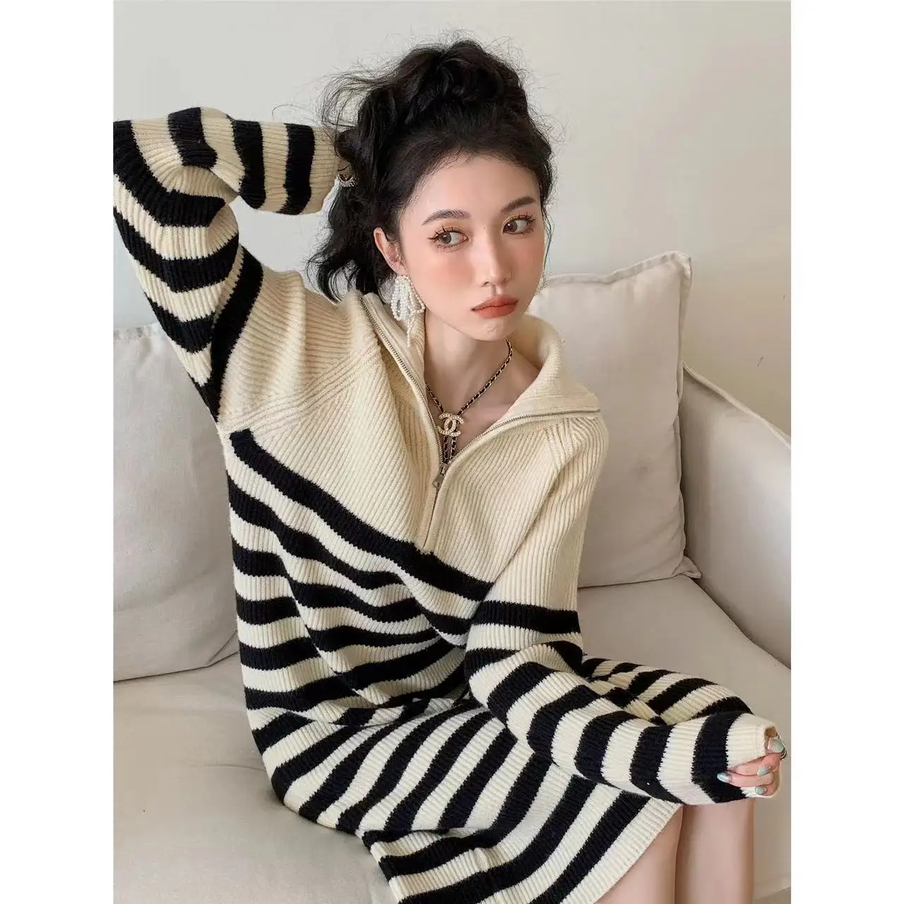 

2024 Spring Autumn New Striped POLO Collar Long Sleeve Knitted Midi Dress Women Casual Loose Chic Vestidos N55