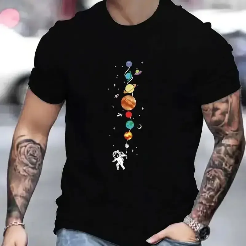 Men\'s Casual Sports Loose T-Shirts Solar System Planet Astronaut Graphic Round Neck Short Sleeve Tees Top Summer Clothes  Model