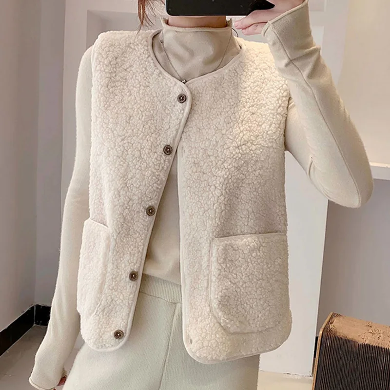 Faux Wool Lamb Cotton Vest for Women Concise Crew Neck Warm Cotton Vest Woman Autumn Winter Button Up Sleeveless Outwear Ladies