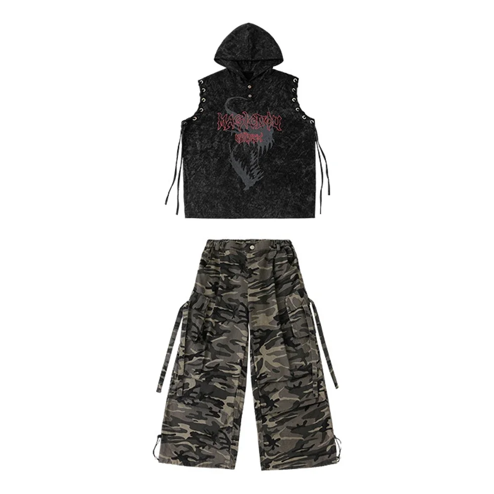

Kid Modern Dance Clothes Girl Jazz Dance Hooded Tops Camouflage Pants Performance Suit Child Kpop Group Stage Costume