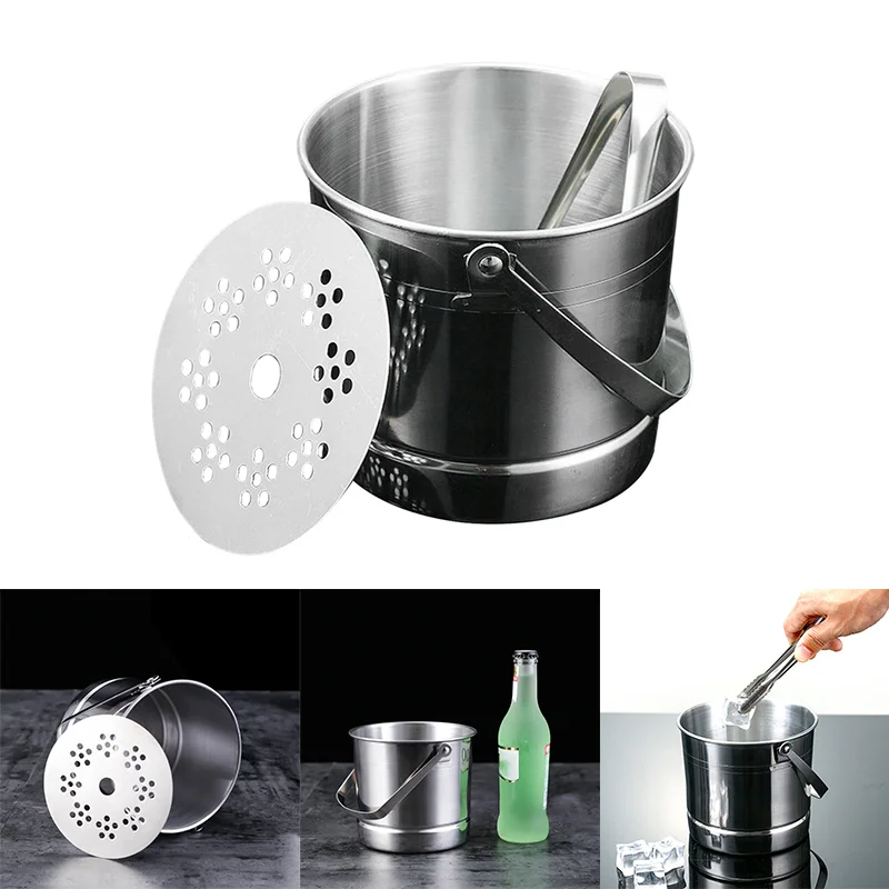 1L Ice Bucket With Tongs Double Wall Strainer Handle Home Bar Parties Chilling Beer Champagne Stainless Steel Cooler Buckets