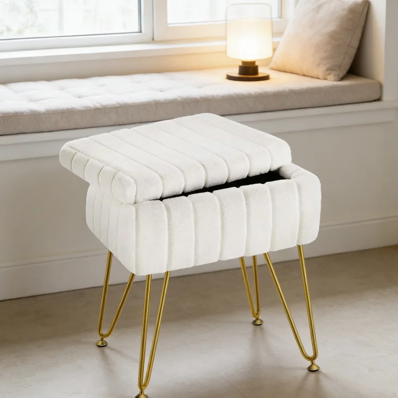 White Velvet Storage Footstool Round Cushion Seat Wooden Stool Bedroom Ottoman Household Furniture