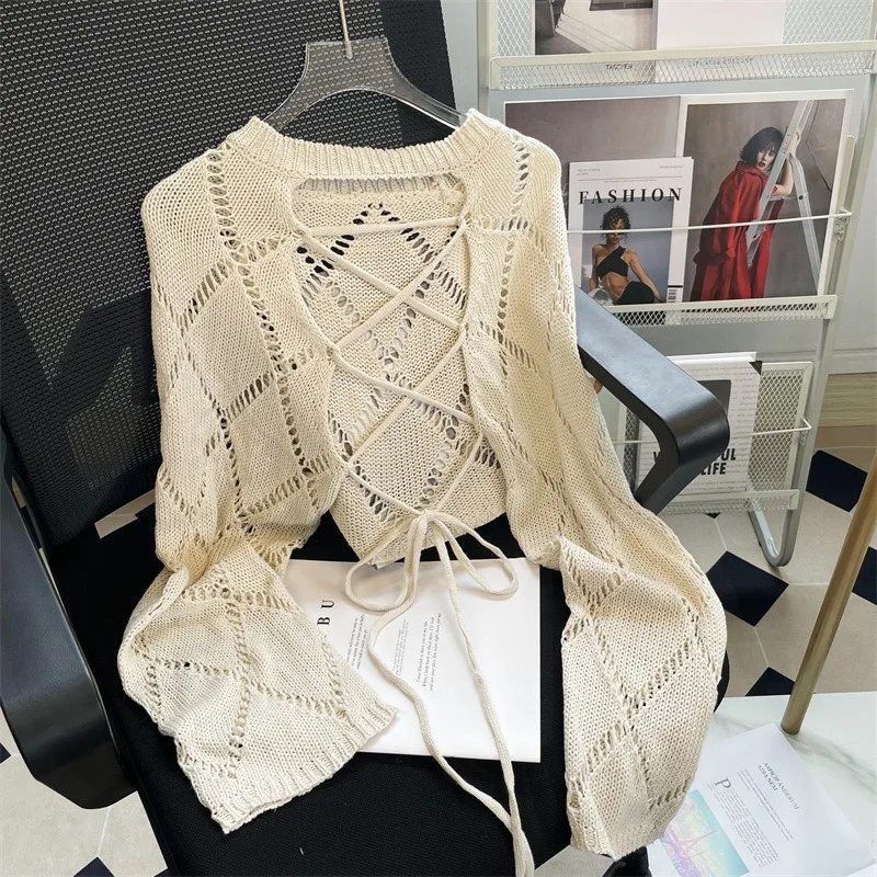 HOUZHOU Y2K Knitted Tops Women Hollow Long Sleeve Sweet Lace-Up Sweater Harajuku Casual Backless Lady Blouse Streetwear