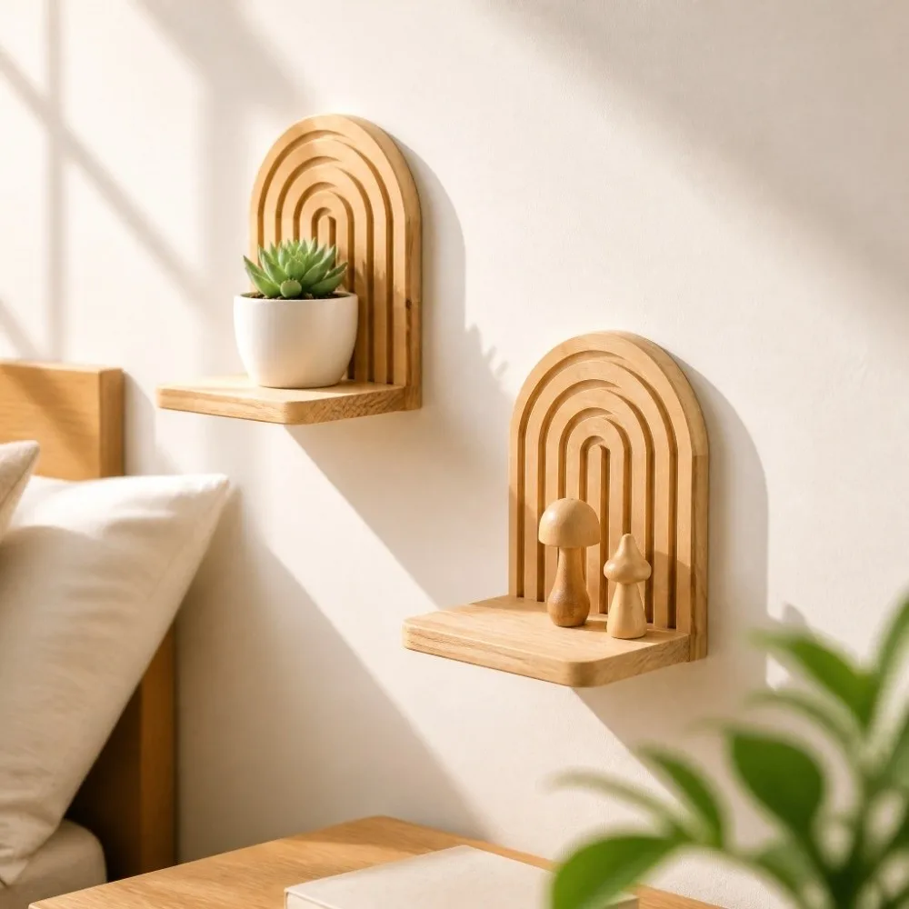 Threaded Structure Wall Plant Holder Multi Tier Handmade Wooden Wall Shelf Natural Wood Grain Solid Wood