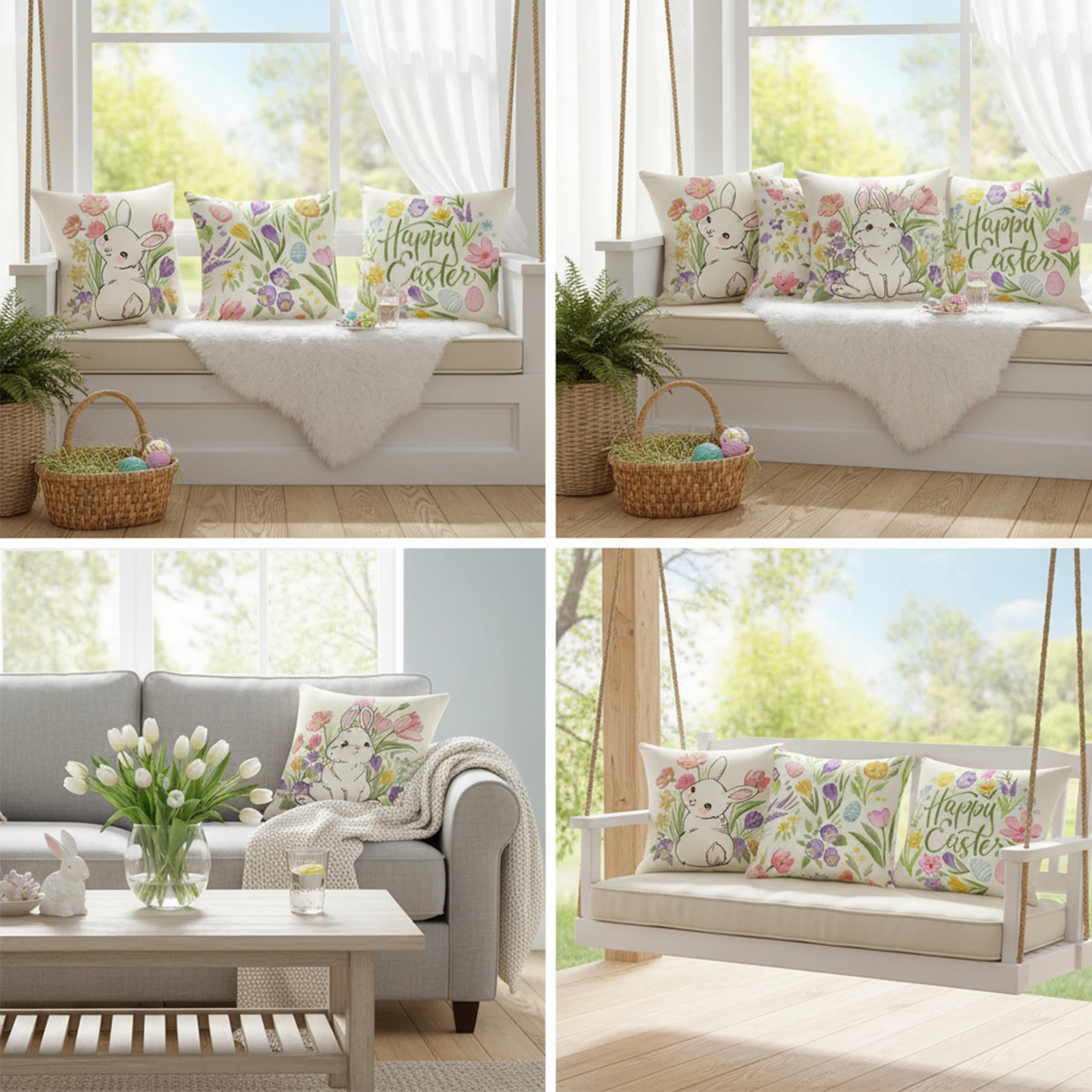 4Pcs Easter Printed Decorations Pillow Case Washable Decorative Cushion Sleeve 18x18in Bed Headboard Pillowcase for Home Decor