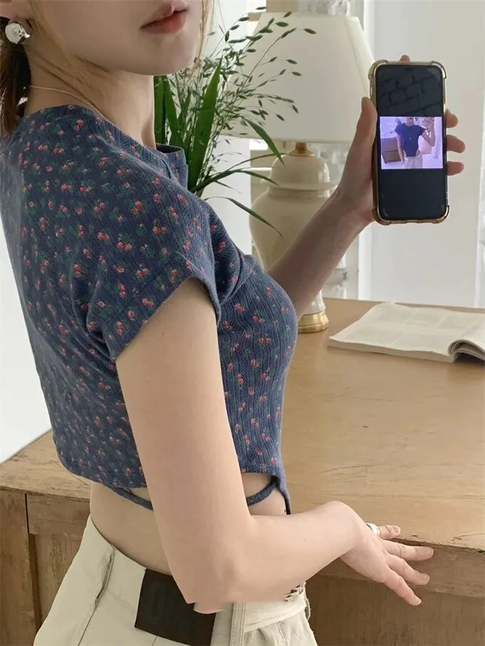 

Футболка ort Sve с цветочным принтом, женская летняя облегающая футболка с круглым верхом и открытой талией, дизайн с галстуком Ba