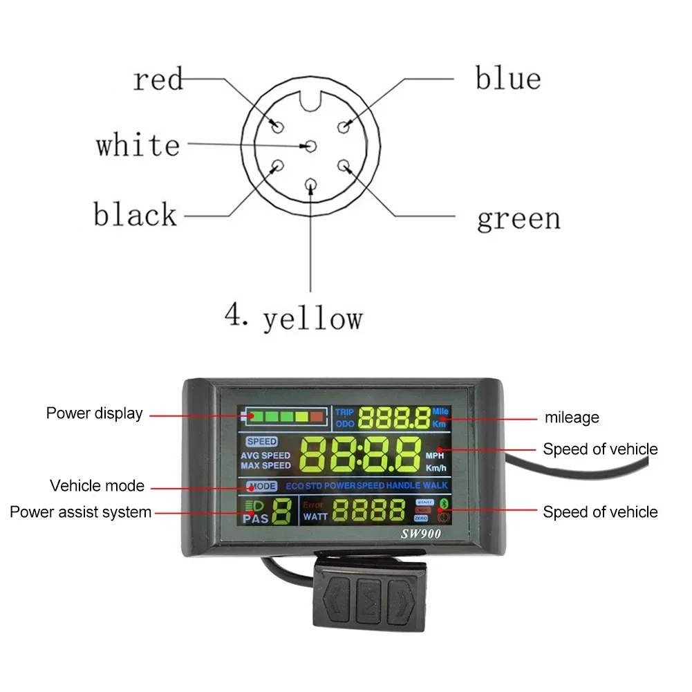 E-Bike SW900 LCD Colorful Display Control Panel 24-60V Electric Bicycle Scooter  Riding Speed Time Power Charge Bike Display