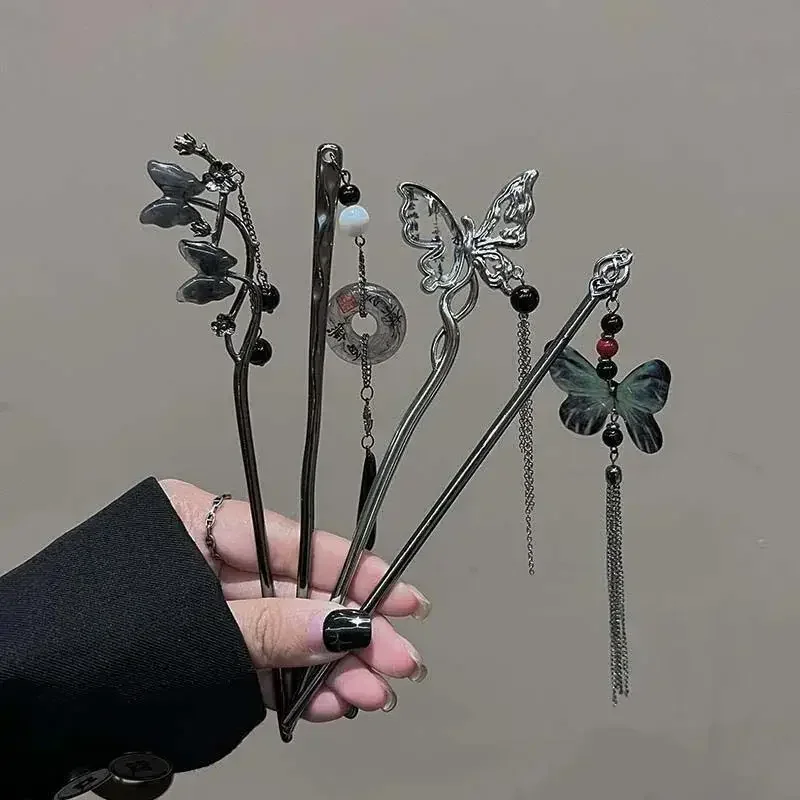 New Chinese Style Butterfly Flower Tassel Hair Stick for Women Vintage Metal Hanfu Chopstick Hair Sticks Hair Accessories