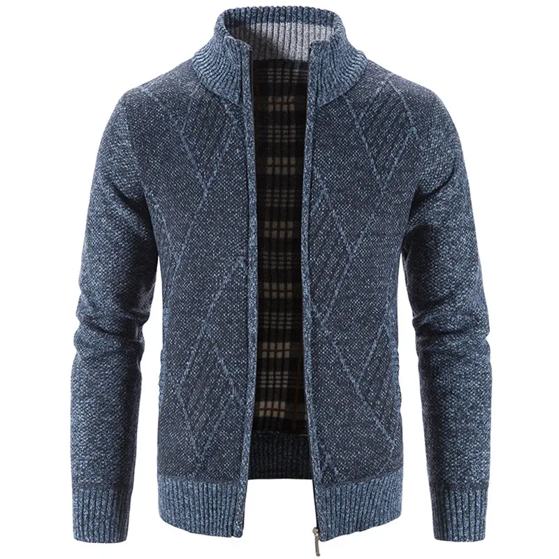 Cárdigan de punto para hombre, chaqueta cálida con cuello levantado y cremallera, Color puro, informal, invierno, 2024