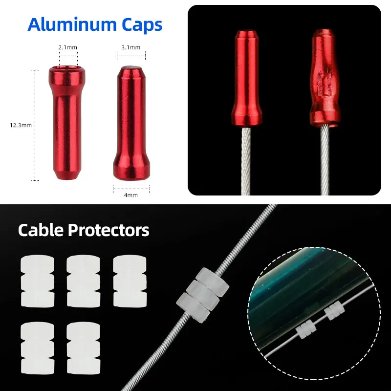 Cable Parts Kit 5mm/4mm Bicycle Brake Wire End Cap CNC Alum. Plastic Derailleur Shifter Cable Ferrules Sleeve W/ Hook Loop Strap