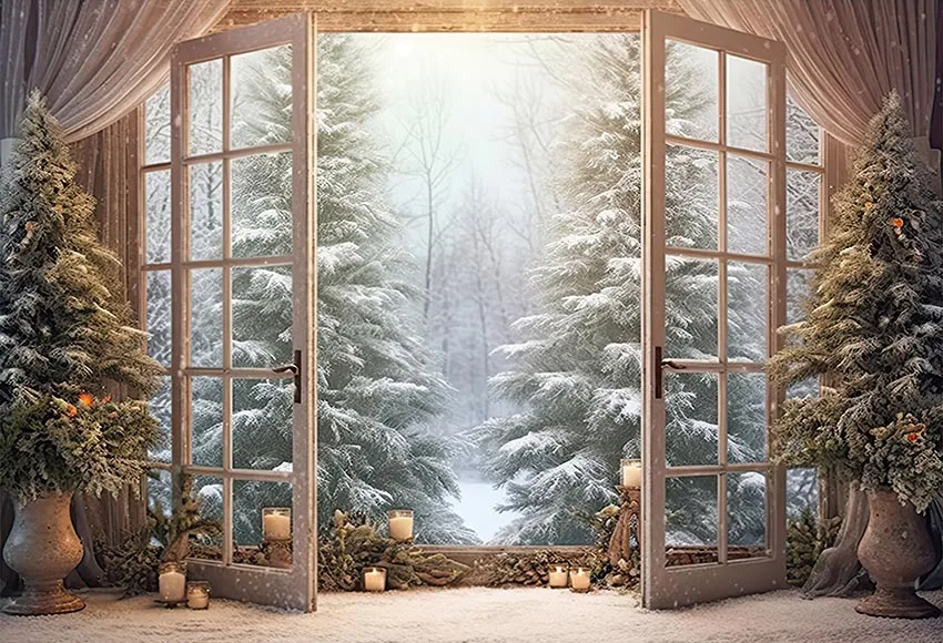 Mehofond Photography Background Christmas Window Winter Snow Forest Xmas Tree Kids Family Portrait Decor Backdrop Photo Studio