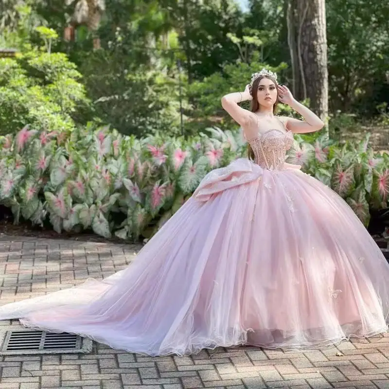 Dostosowana różowa suknia balowa Quinceanera sukienki 2025 zroszony z kokardką gorset suknia na przyjęcie urodzinowe Vestido De 15 Años