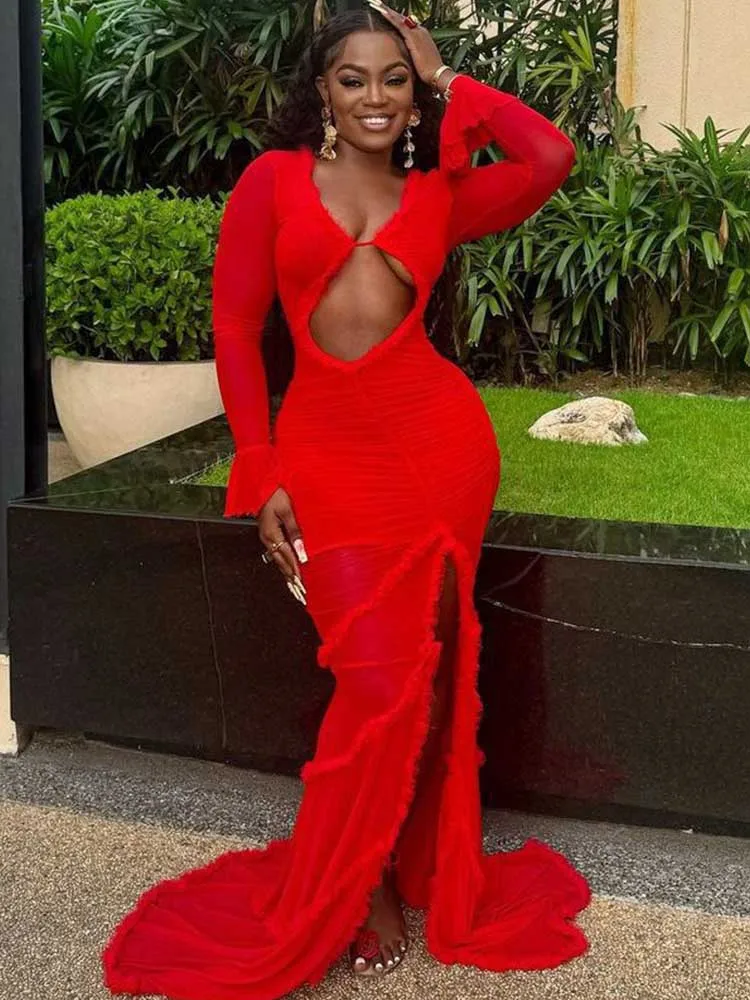 Sexy vestidos vermelhos para mulheres primavera manga longa elegante oco para fora vestido de noite feminino festa fenda lateral vestidos longos chiques