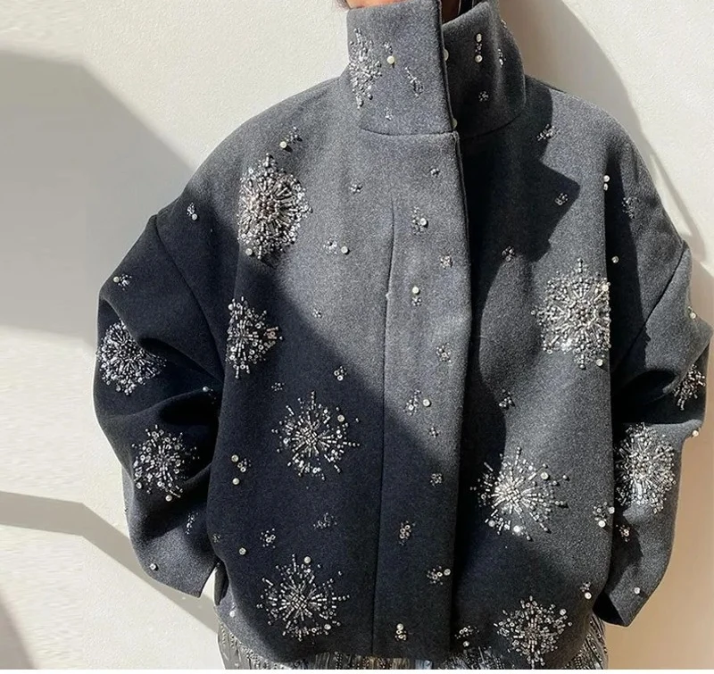 2025 Autumn/Winter Women's Jacket Personalized Street Loose Single Breasted Stand Up Collar Flower Glitter Jacket - Image 4