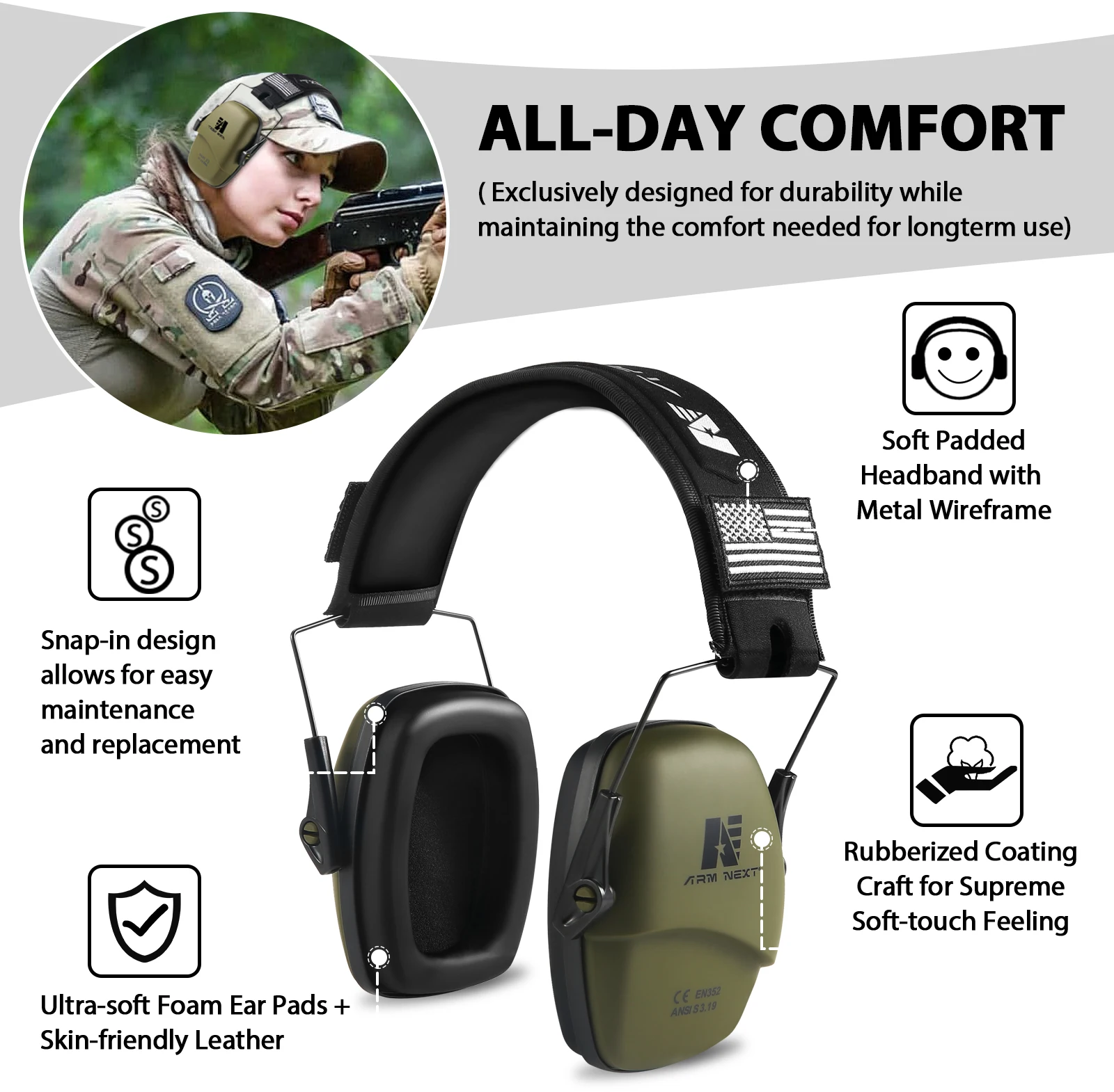 ARM NEXT Tactical Headset Ear Protection Shooting Headphones for Hunting Hearing Earmuff Noise Reduction 25dB Earmuffs Silicone