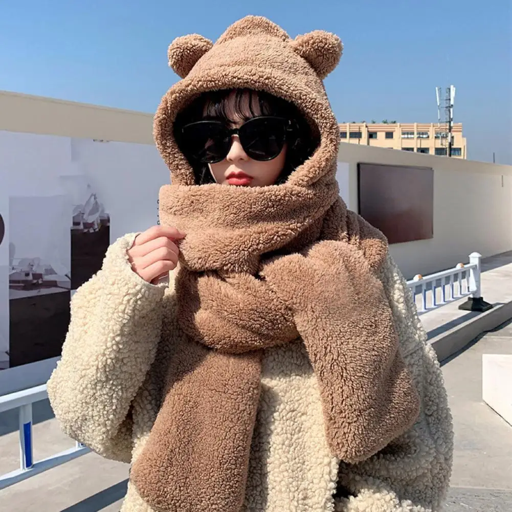 Fashion Winter Women Novelty Beanies Caps Warm Cute Bear Ear Hat Casual Plush Hat Scarf Set Casual Solid Women Caps Present