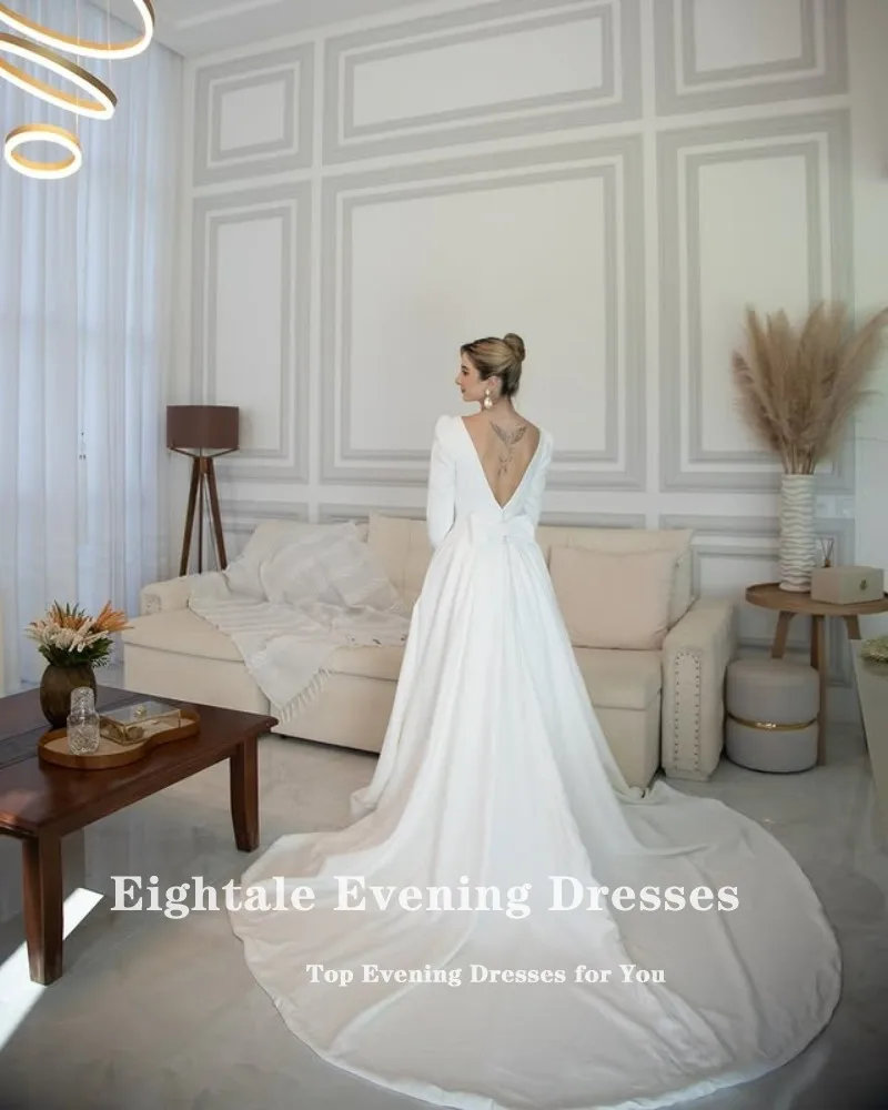 Eightale árabe vestidos de casamento o pescoço personalizado cetim mangas compridas marfim sem costas sereia vestidos de noiva novia