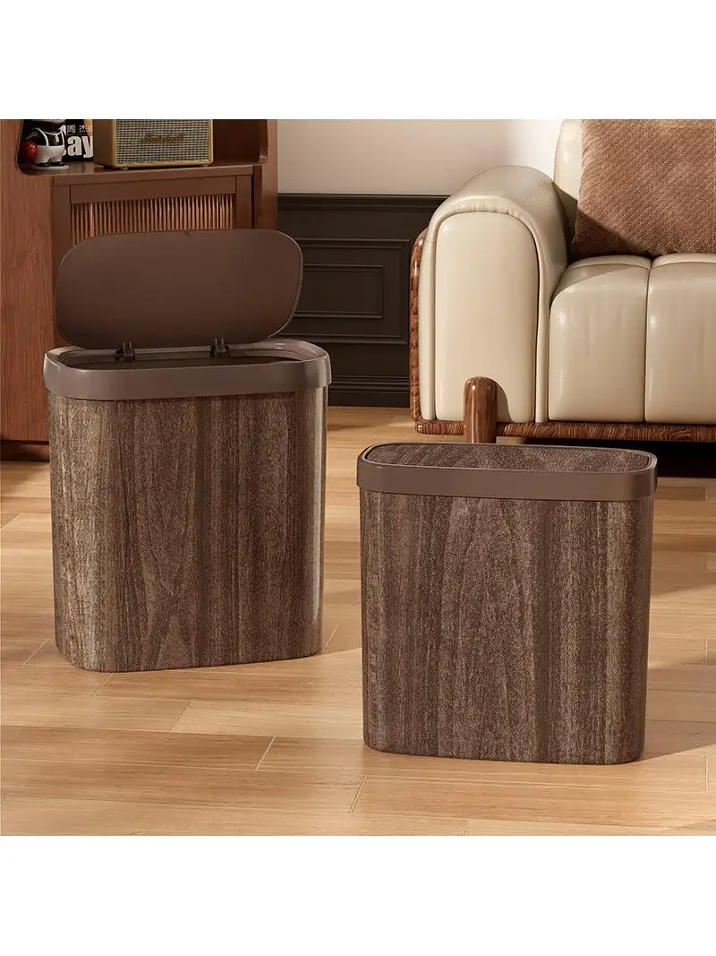 

Retro Wood Grain Trash Can Household Kitchen Living Room Storage Bucket Creative Chinese Style Press Cover Paper Basket