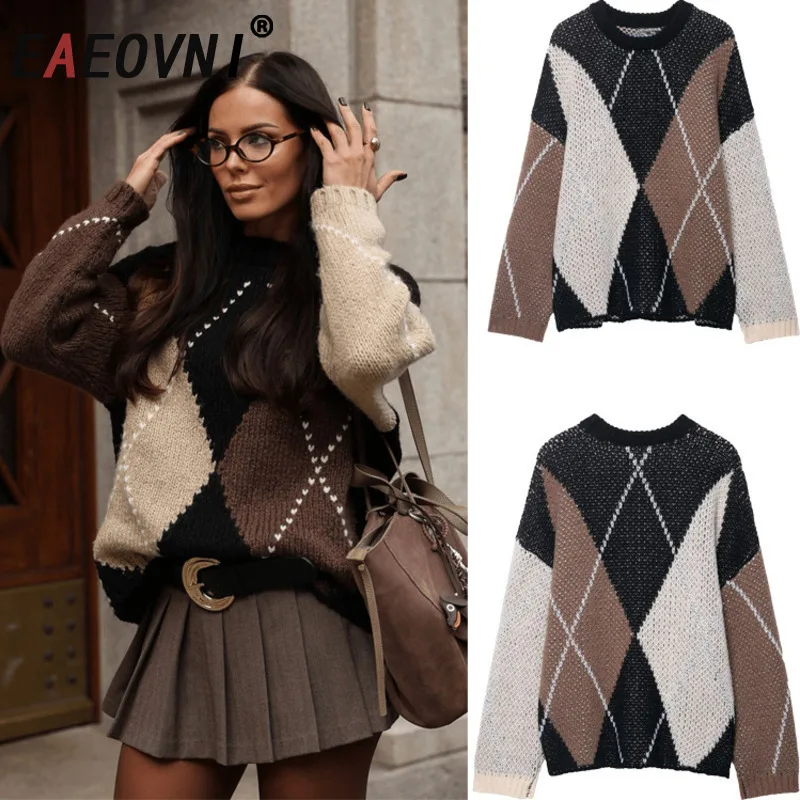 

EAEOVNI Vintage Knitted Women;s Sweater Contrast Color Long Sleeve Loose Fashion Pullover Tops Casual Autumn Winter New Clothing