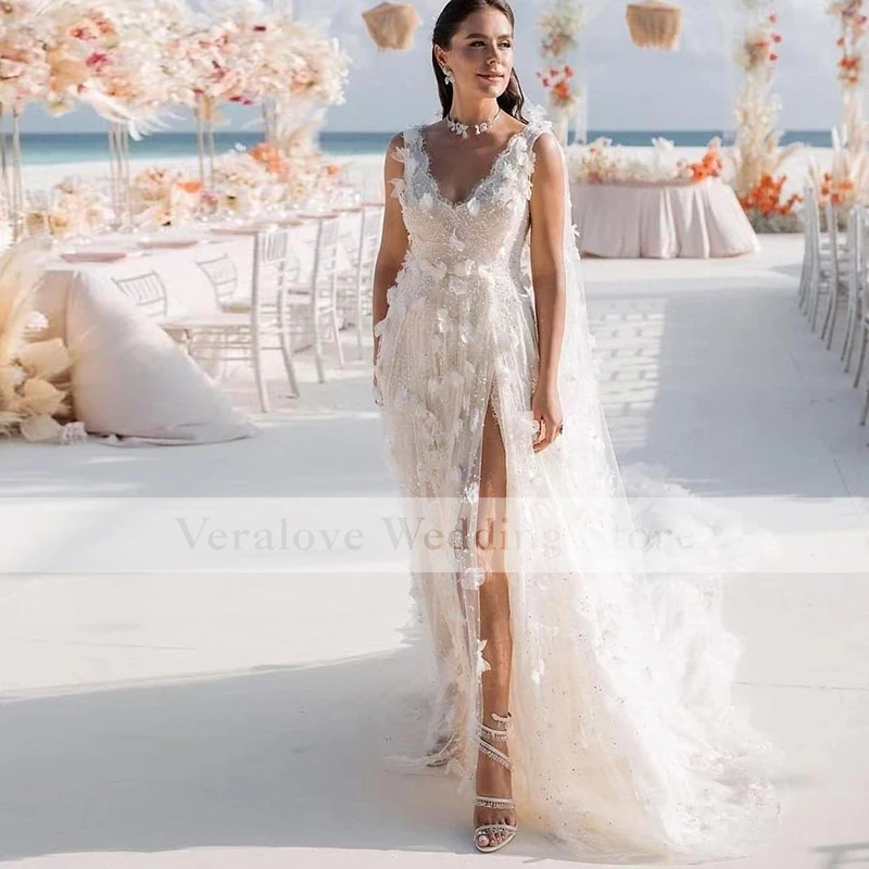 2022 A Line Wedding Dress Foral Flowers Split Beach Boho Sparkly Bridal Party Gowns With Warp Robe De Mariee