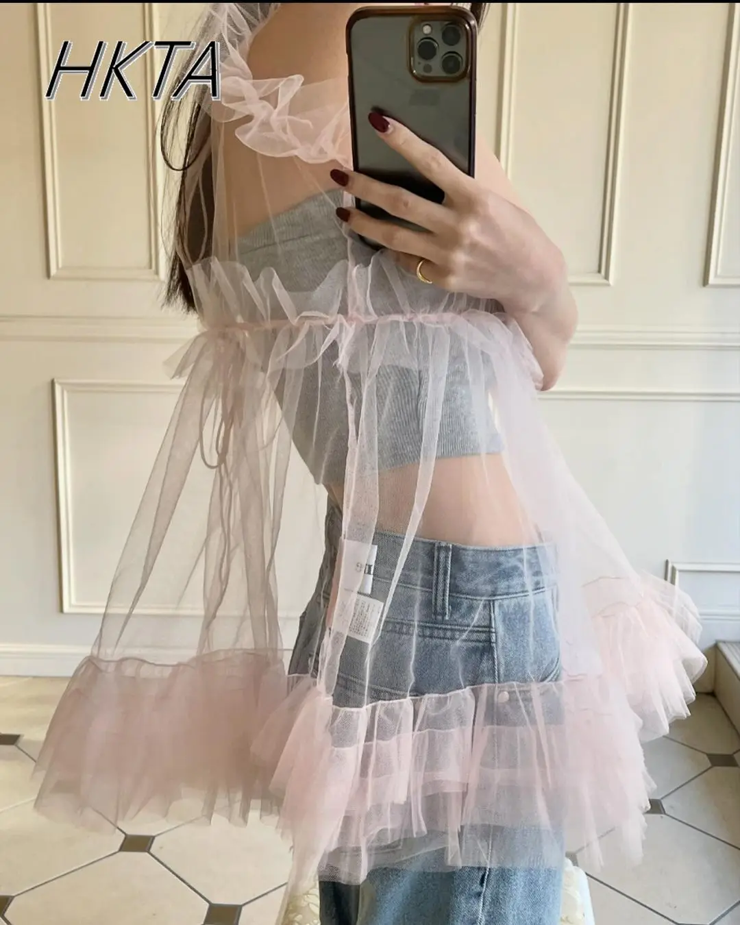 Estilo japonés transparente volantes ribete encaje hasta sin mangas malla exterior camisa blusa niñas mujeres Primavera Verano blusas finas Top