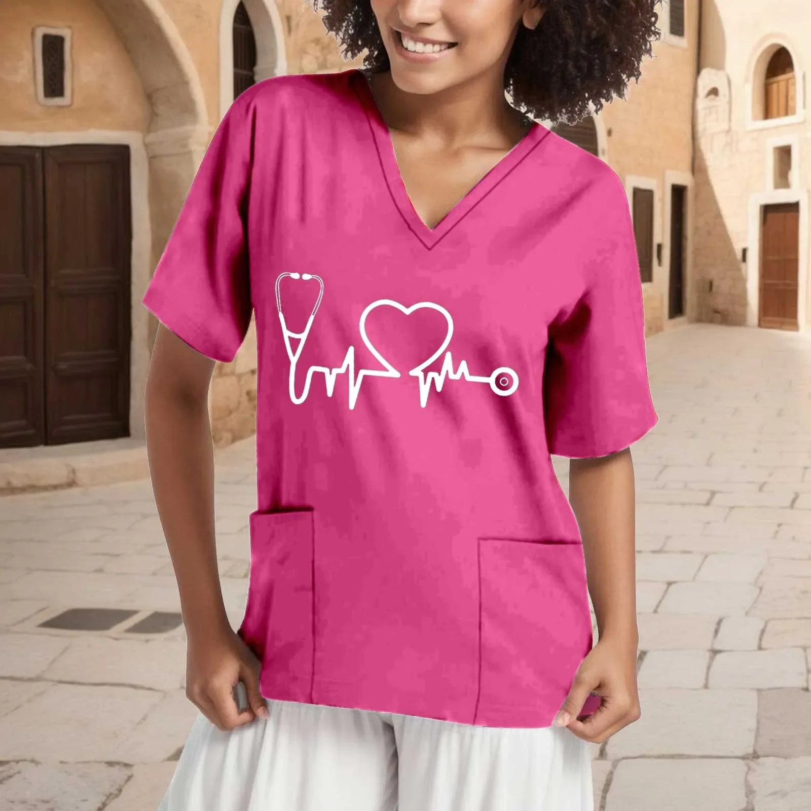 Ropa de verano para mujer con patrón de corazón, manga corta, cuello en V, Tops esmerilados, uniforme, médico, enfermera, nuevo