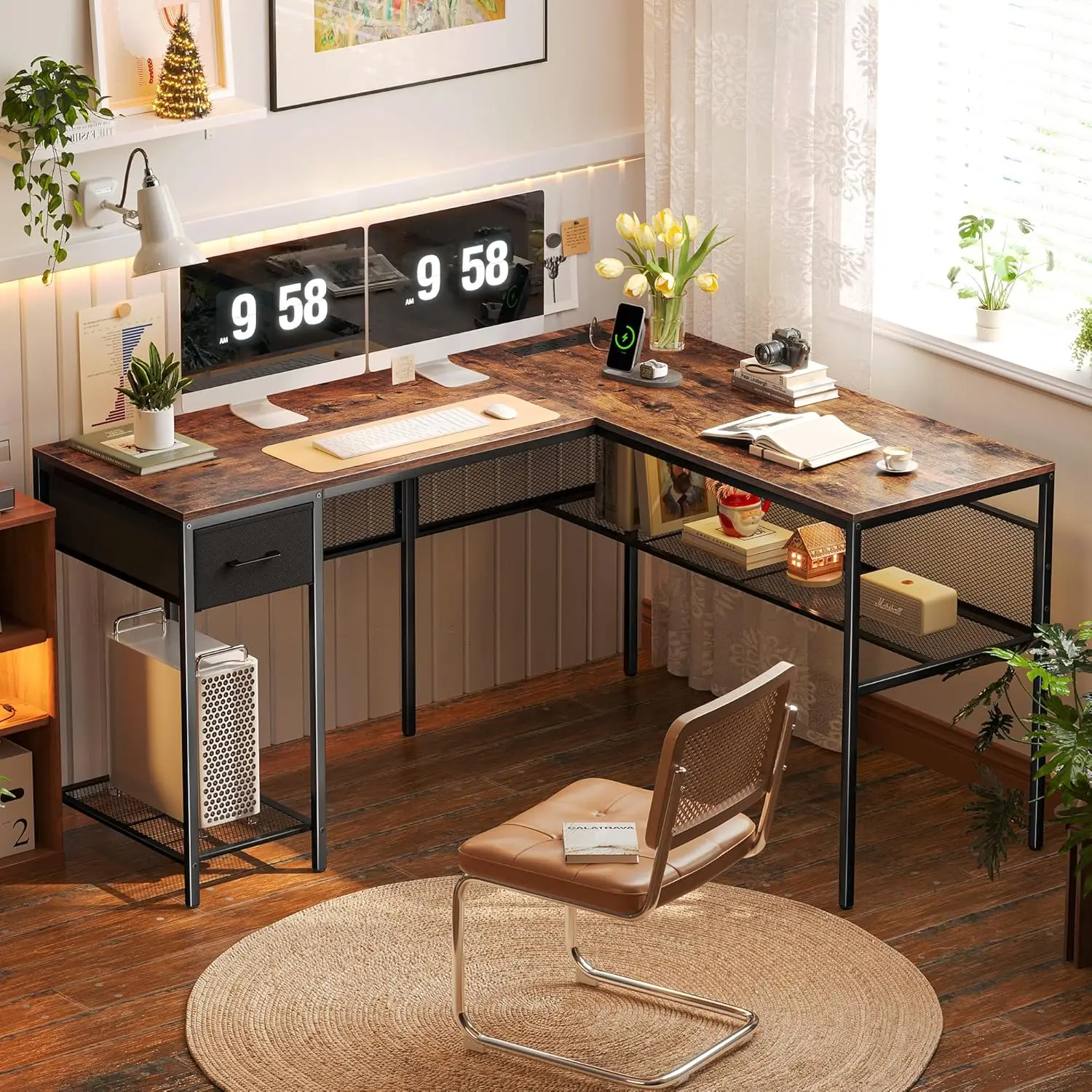 L Shaped Desk with Power Outlets, Computer Desk with Drawer,Reversible Corner  with Grid Storage Bookshelf, Home Office