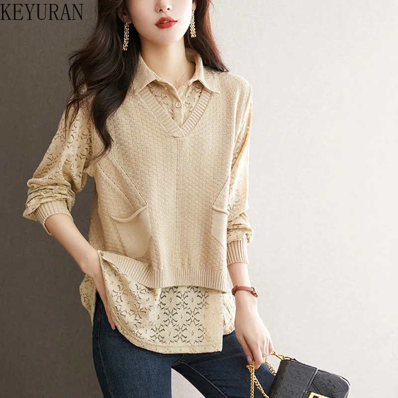 Fake 2 Piece Set Knit Spliced Lace Shirt Women Spring Autumn Fashion Hollow Out Sweater Pullover Casual Turn-down Collar Blouse