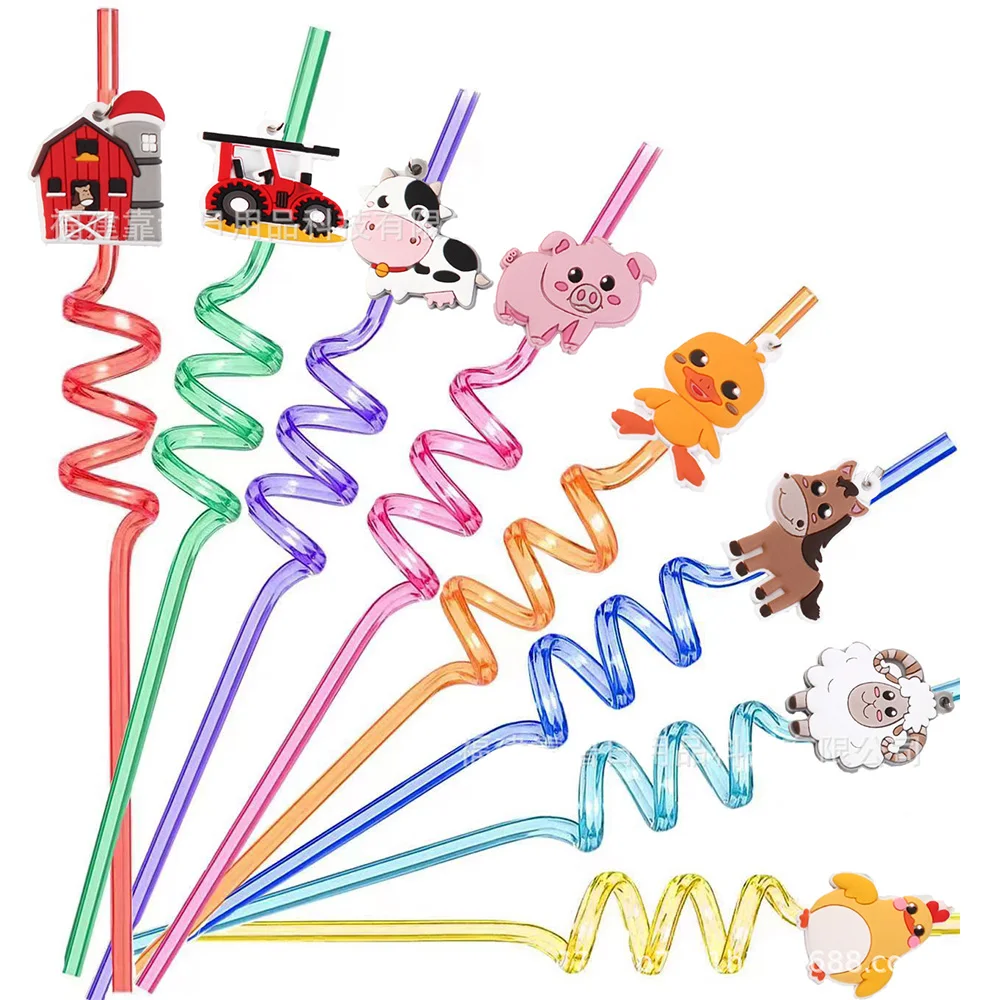 8pcs Reusable Farm Animal Plastic Straws Chicken Sheep Horse Cow Pig for Barnyard Farm Birthday Party Supplies Gift Favors