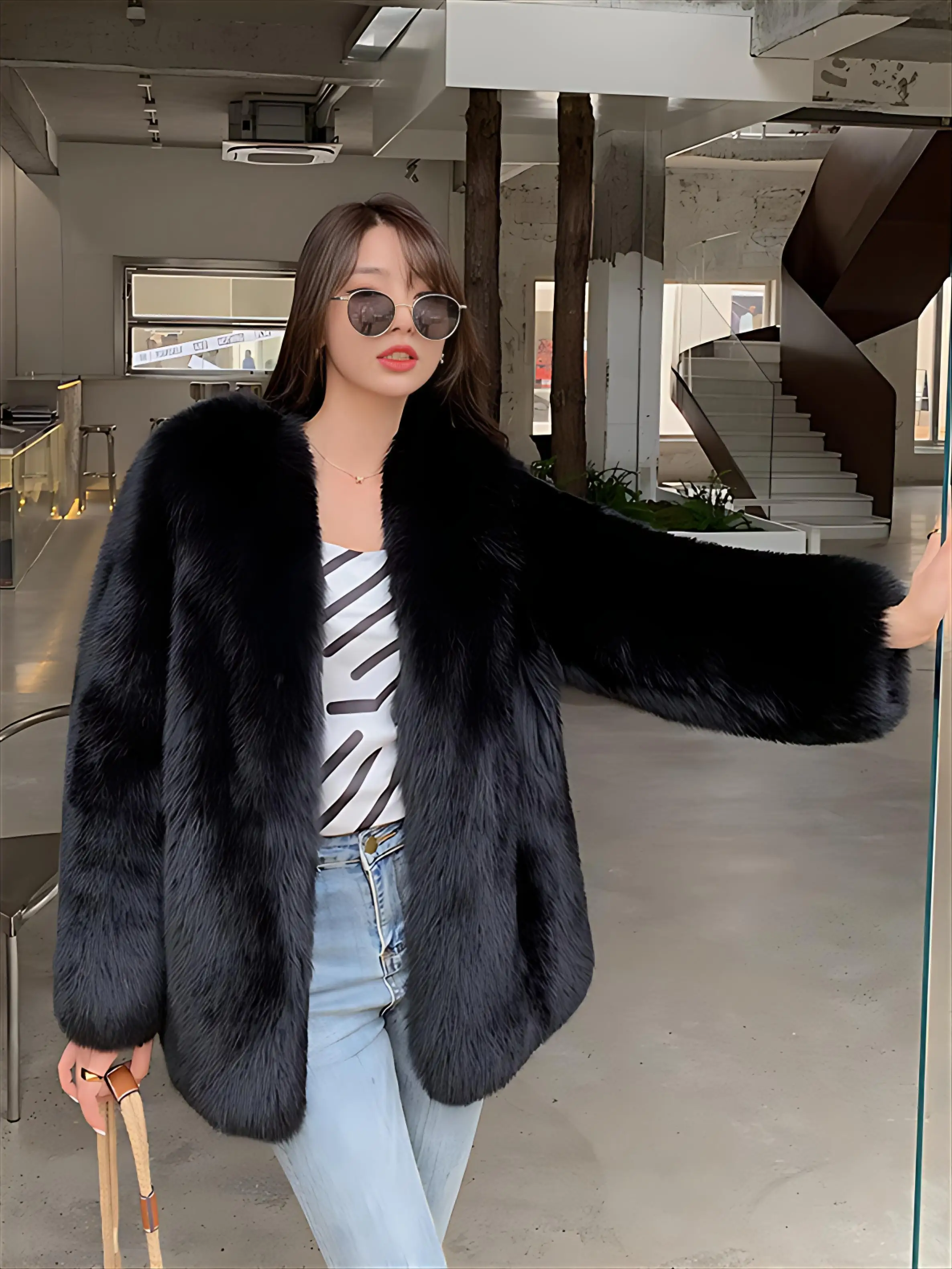 Cappotti multicolori in pelliccia sintetica da donna inverno addensato oversize Highstreet accogliente premium regolabile senza cuciture girocollo rovesciato slim