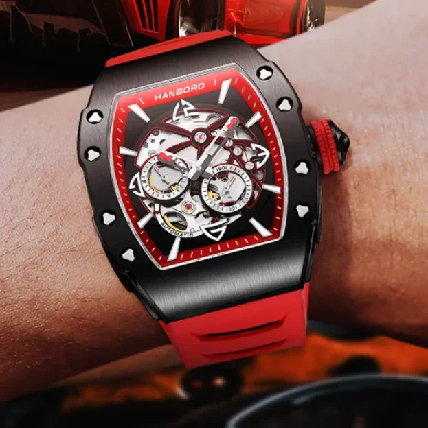 

Мужские автоматические часы HANBORO, 50 мм, тонно-образный корпус, механические наручные часы, светящиеся, водонепроницаемость 5 АТМ, сапфировое стекло, скелетонизированный циферблат, 24-часовой индикатор, маленький секундомер