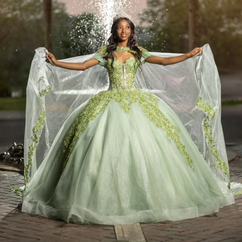 

Green Shiny Quinceanera Dresses Ball Gown Off Shoulder Applique Lace Beading Crystal With Cape Tull Birthday Payty Sweet 16