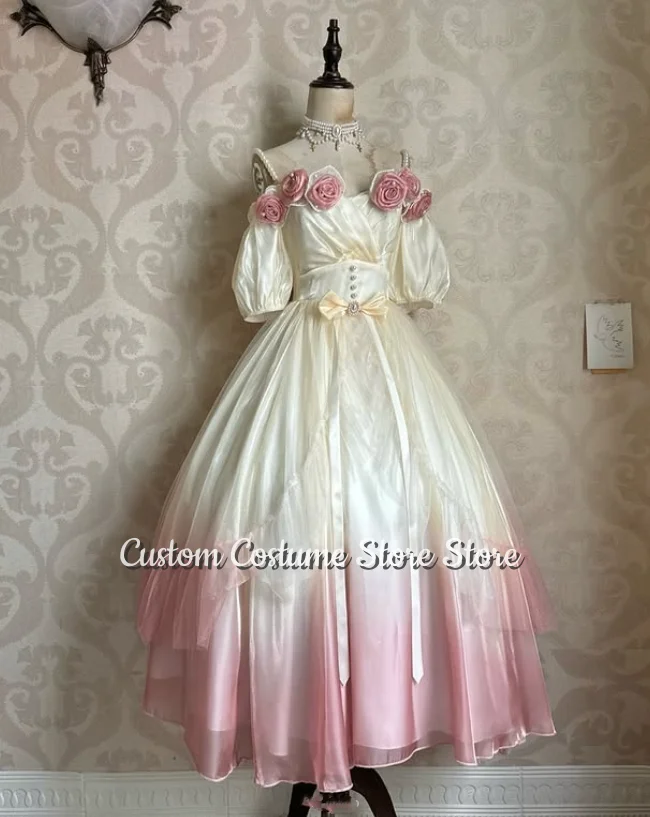 Weiches Satin-Lolita-Blumen-Abschlussballkleid mit Perlenbesatz, 3D-Blumen, viktorianisches Vintage-Brautkleid für Mädchen, maßgeschneidertes Abendkleid