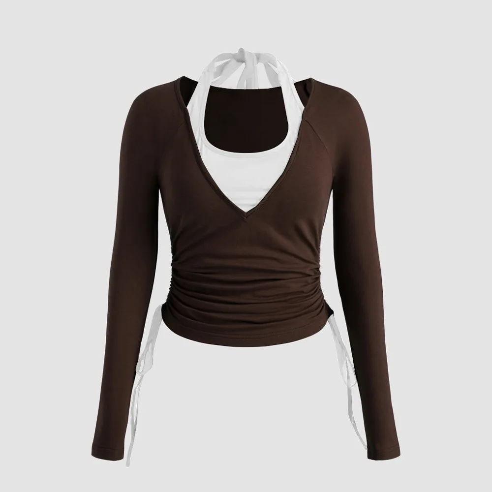 Women Autumn Winter New Slim Fit Knit Long Sleeve T Shirt Patchwork Contrast Color Fashion Top