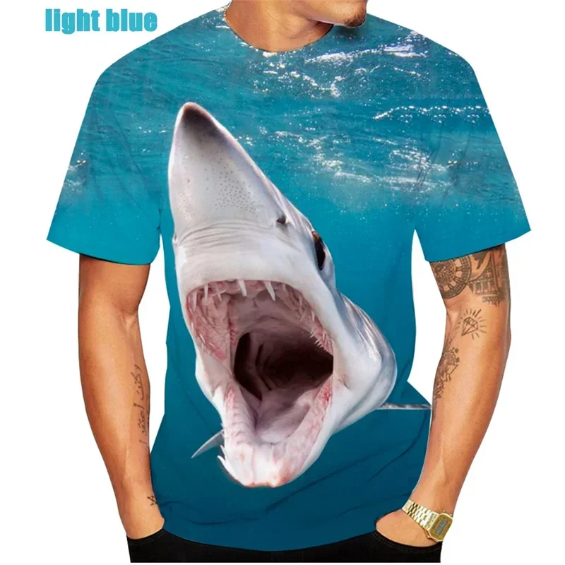 Camisetas de talla grande con estampado 3D de animales del océano, camisetas informales a la moda con cuello redondo, camisetas de calle de manga corta, camiseta de tiburón Horrible para hombres