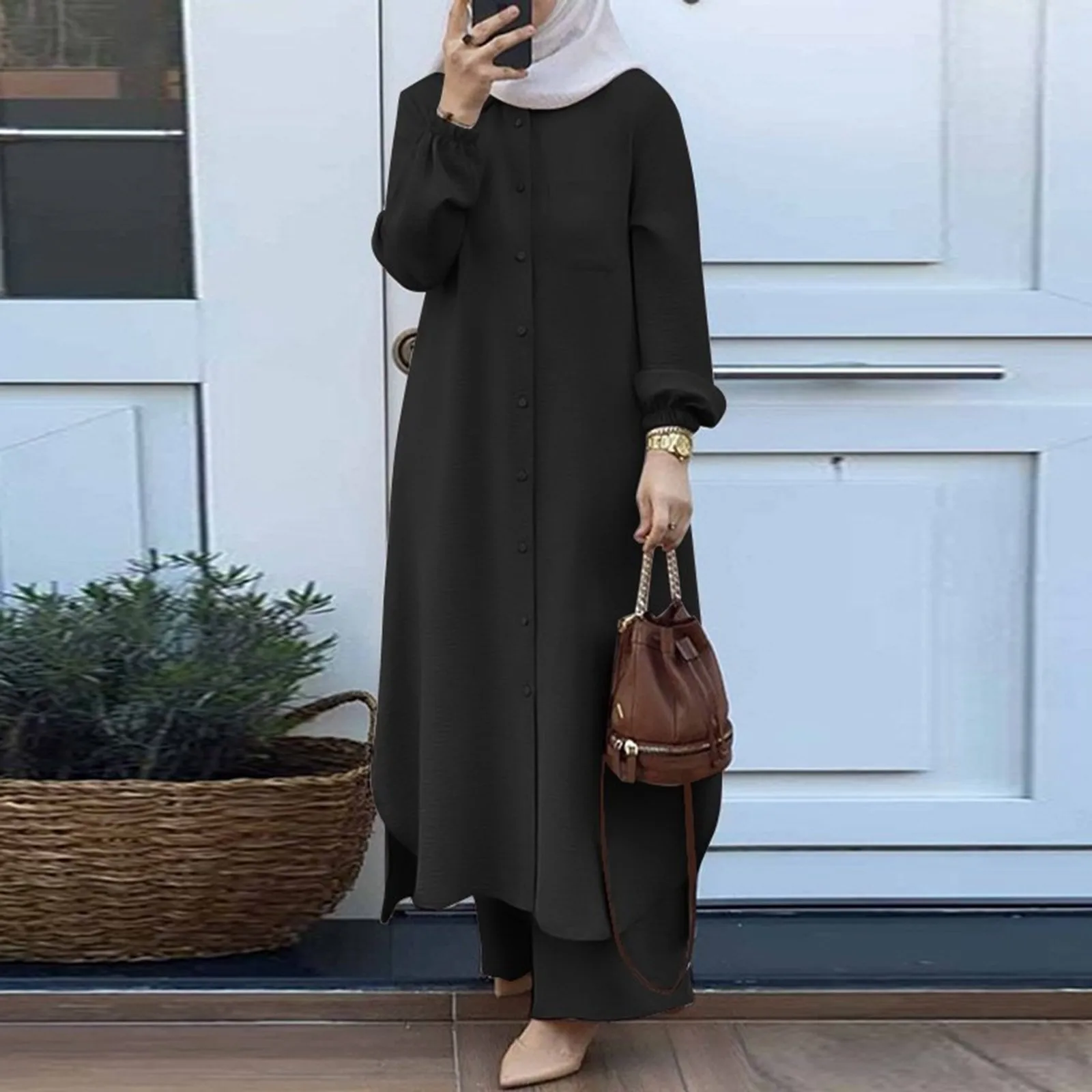 Casual Muslim Dress for Women Blouse 2 Piece Set Long Sleeve Shirt Pant Suits Saudi Arabic Dubai Button Up Dresses 2024 Spring