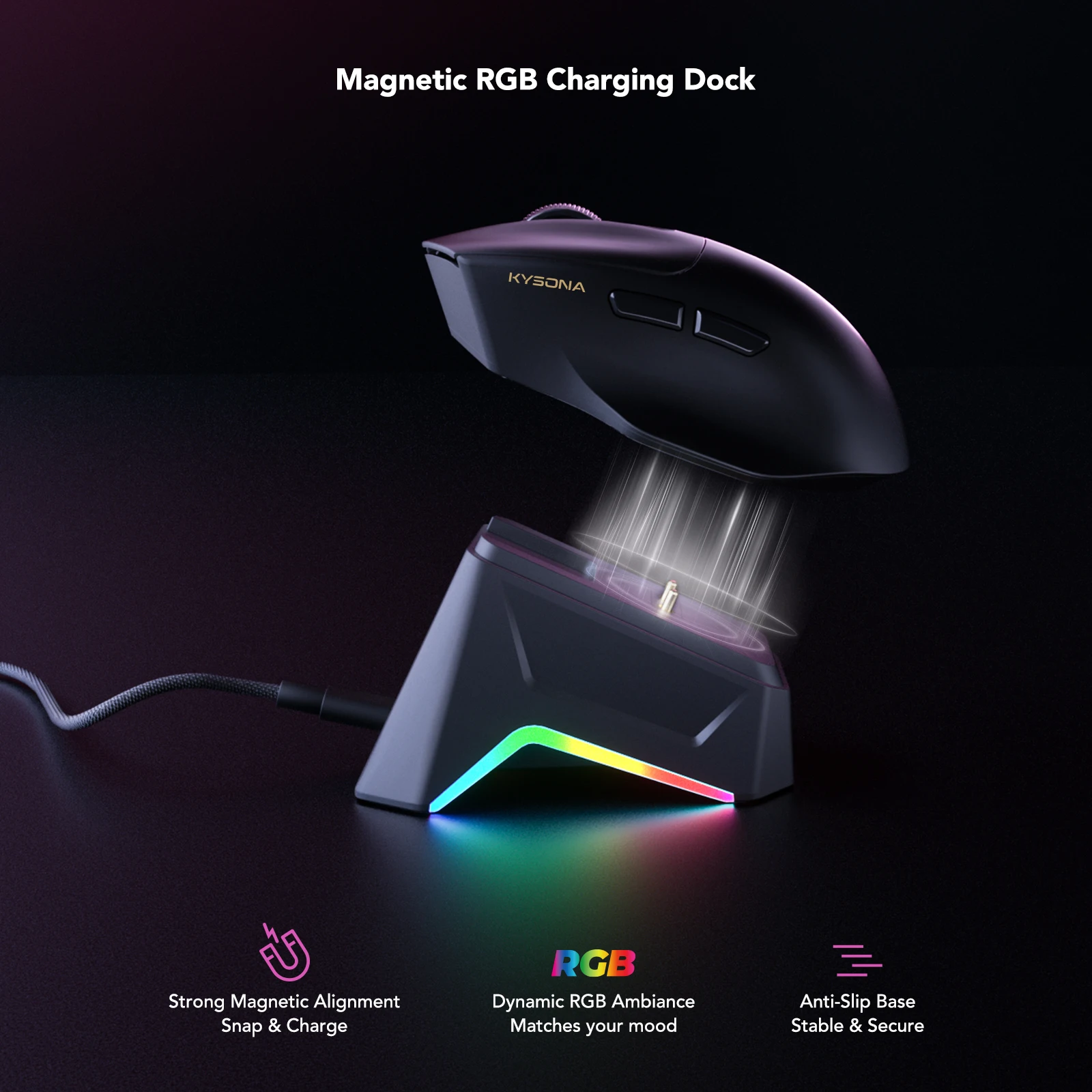 KYSONA Saturn SE Gaming Mouse PAW3311 Sensor 56g Ultra Lightweight Magnetic RGB Charging Dock 24000DPI IPS 300 Bluetooth Wireles view 2