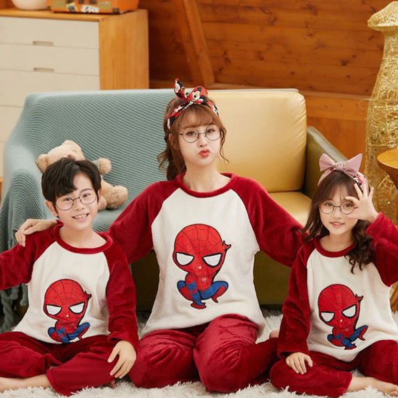 Marvel Cartoon Spiderman Parent-Child Pajama Sets Christmas Winter Kids Flannel Pyjamas Plush Long Sleeved Warm Homewear