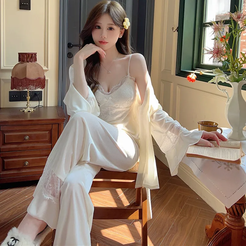 Winter Warm Sleepwear Three Piece Set Golden Velvet Women\'s Pajamas Spring Autumn Sexy Deep V Sling Pants Outer Robe Home Suit