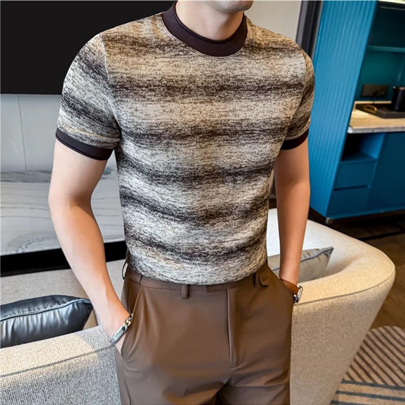 

2026 Fashion Casual Summer New Men T Shirt Gradient Printed Short-Sleeved Breathable Tees Fashion Ice Silk Streetwear Tops