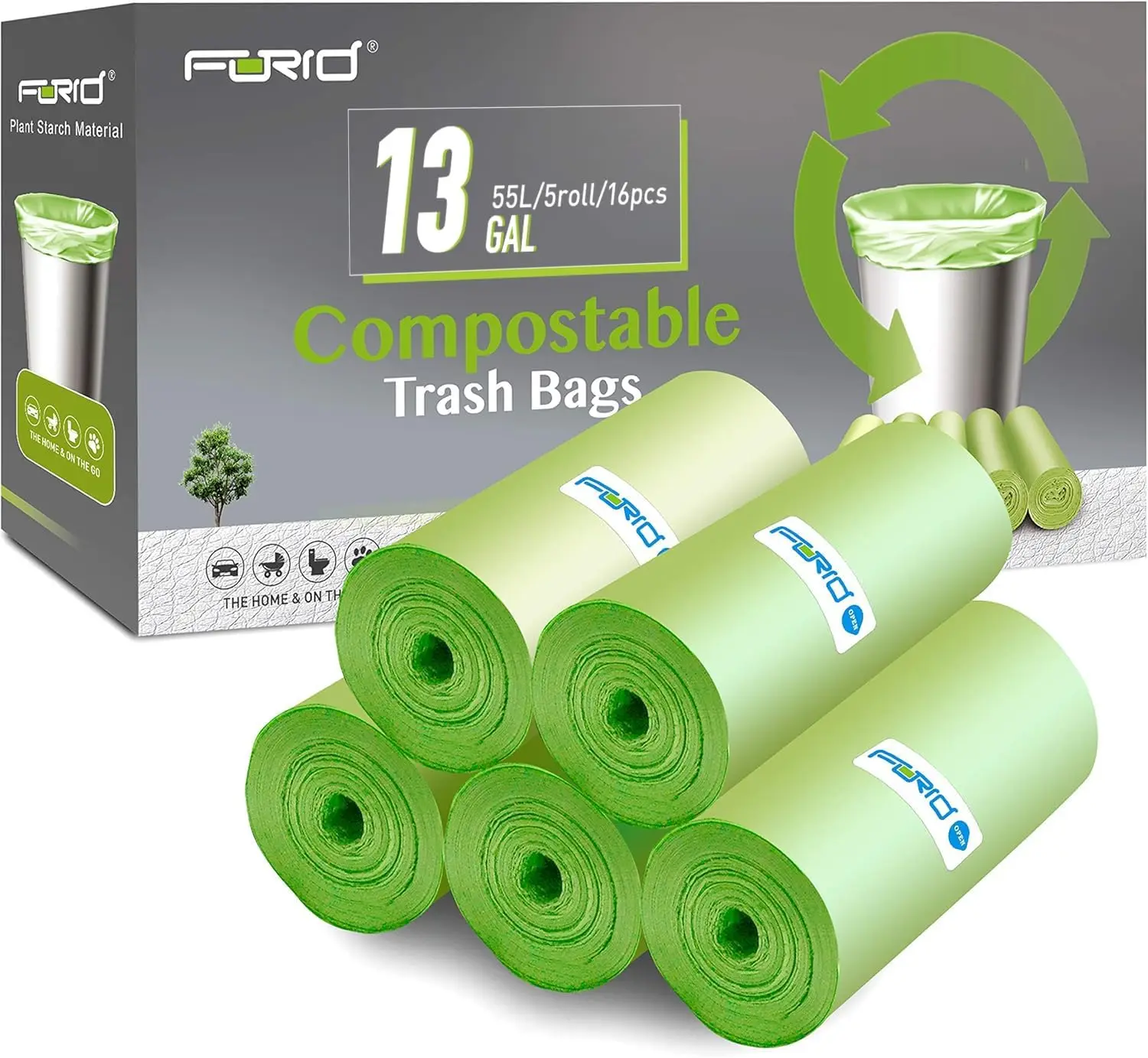 

Compostable 13 Gallon Kitchen Garbage Bags, 80 Count Unscented Trash Can Liners for Home Office Bathroom (Green)
