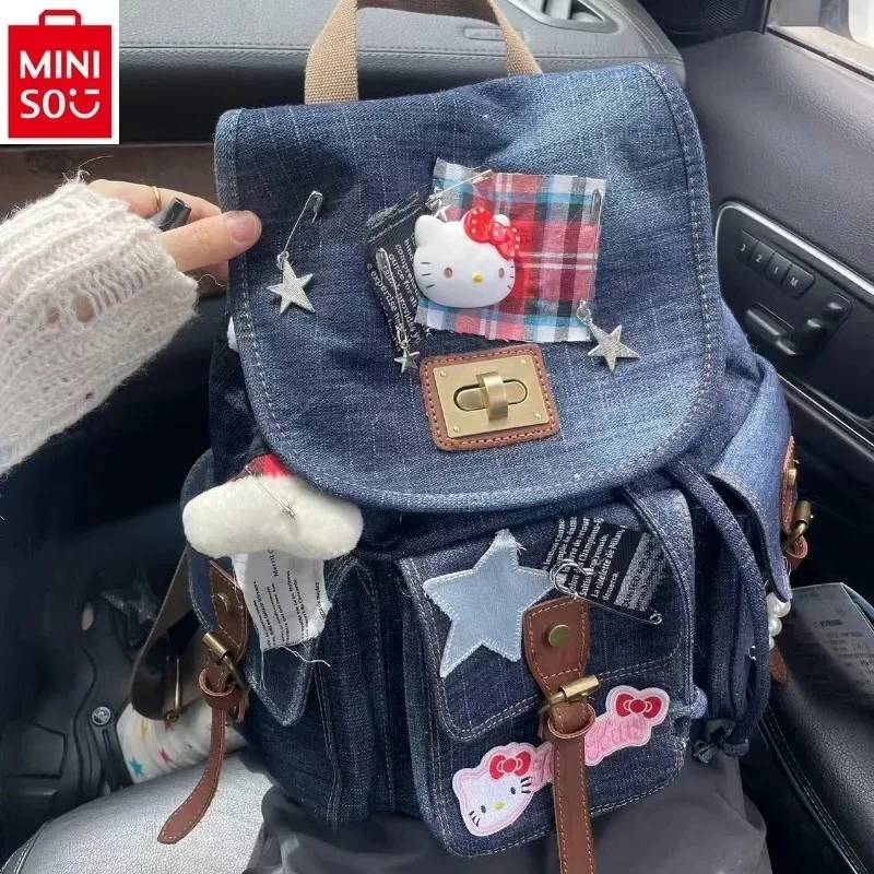 

MINISO 2024 Cartoon Hello Kitty Retro Cowboy Collage Student Backpack Sweet Large Capacity Fashionable Storage Backpack