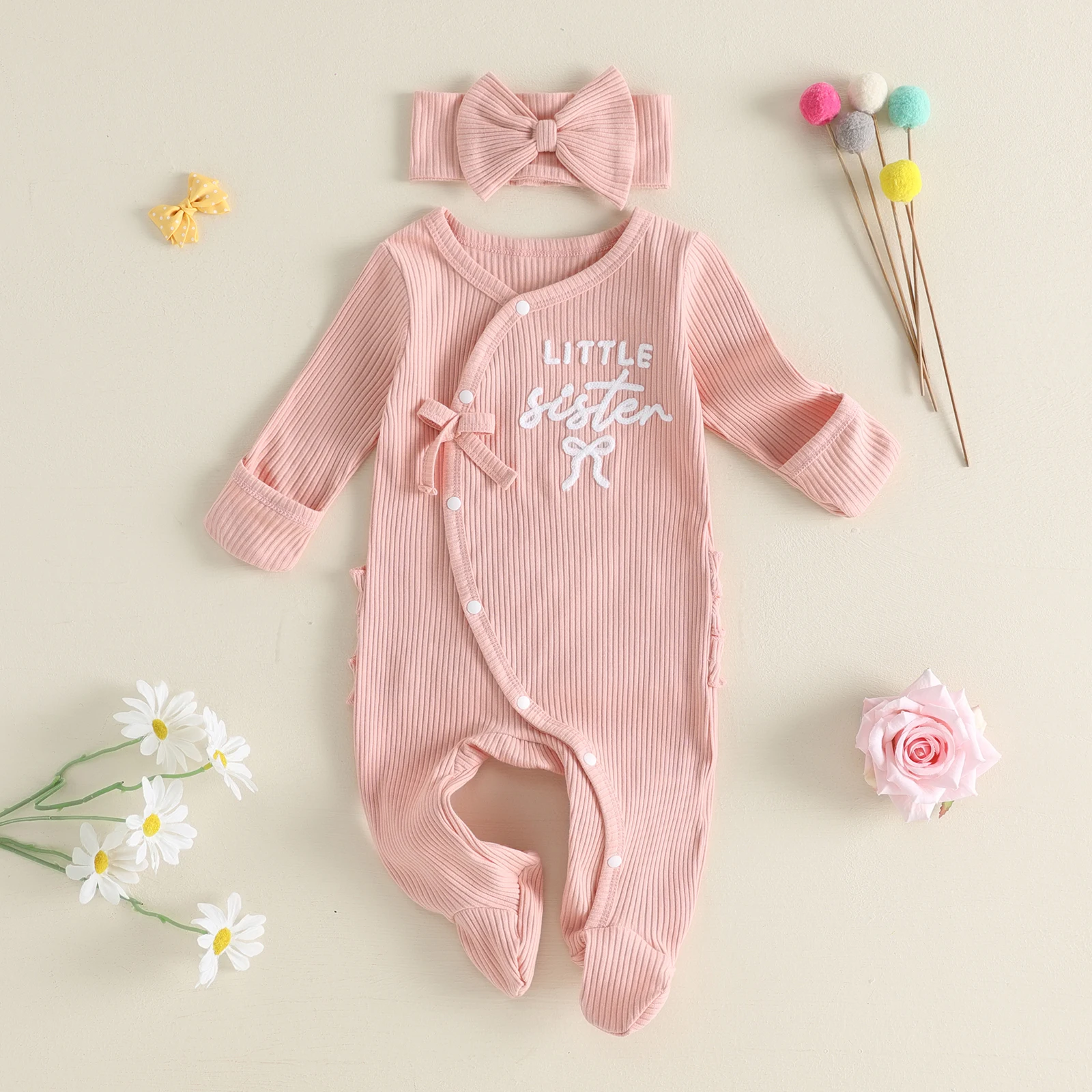 Newborn Baby Girl Fall Jumpsuits Outfit Soft Long Sleeve Letter Printed Footed Romper Bow Headband