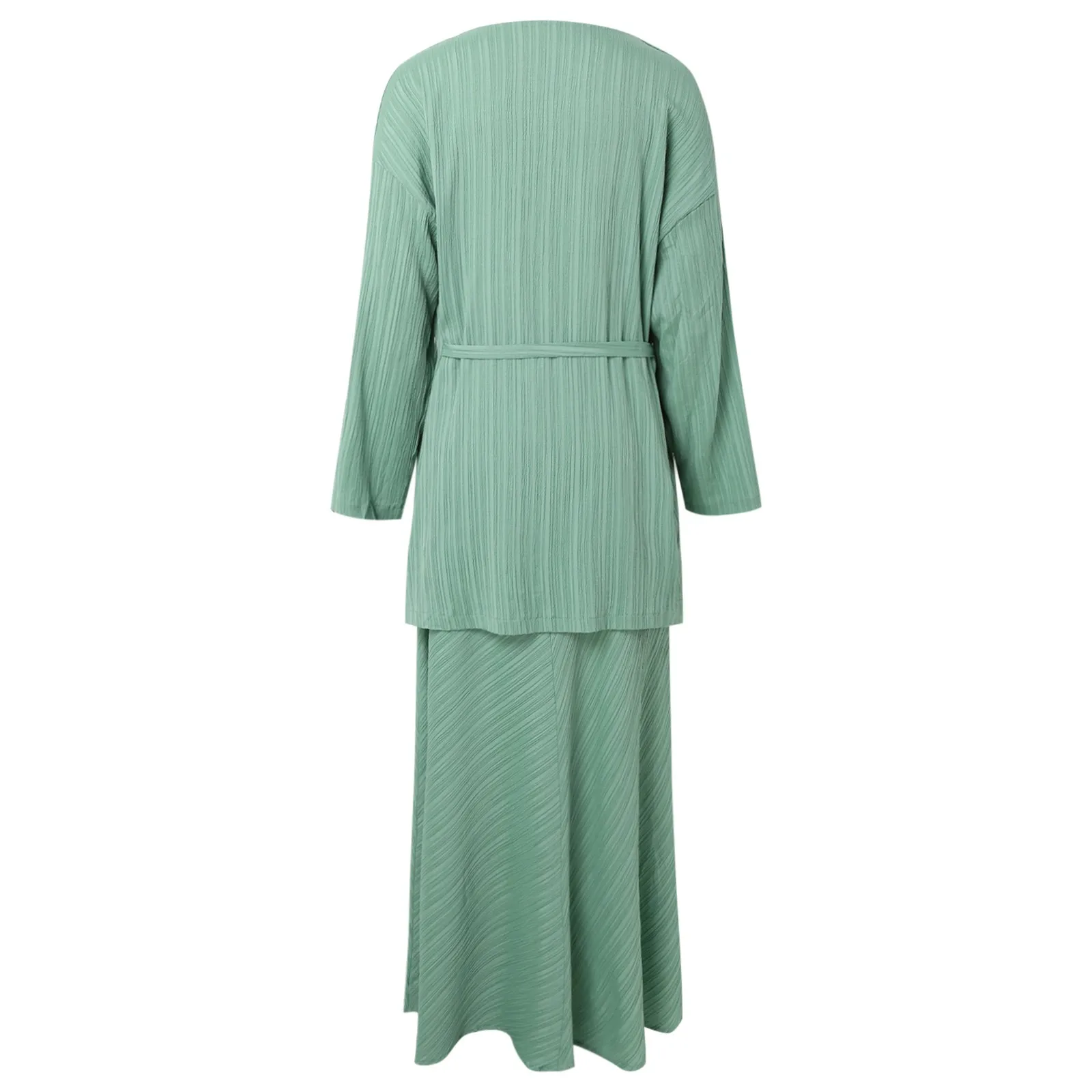 Plus Size Dresses For Curvy Women Muslim Solid Color Ribbed Long Sleeve V Neck Tie Waist Sundresses For Women Casual Dresses