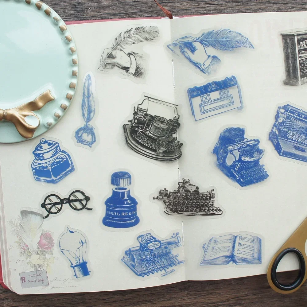 

28pcs Industrial Age Theme Inventor's Typewriter Feather Pen Style PVC Sticker Scrapbooking DIY Gift Label Decoration Tag